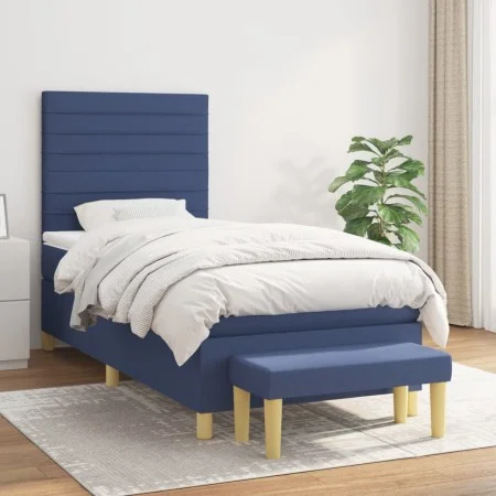 Box spring bed with blue fabric mattress 100x200 cm by , Beds and slatted bases - Ref: Foro24-3137219, Price: 372,44 €, Disco...