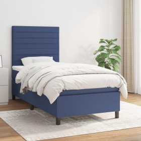 Cama box spring con colchón tela azul 100x200 cm