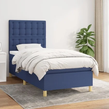 Box spring bed with blue fabric mattress 100x200 cm by , Beds and slatted bases - Ref: Foro24-3142639, Price: 338,12 €, Disco...