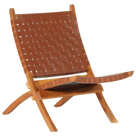 Silla de relax plegable cuero auténtico marrón