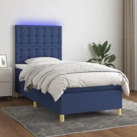 Box spring bed mattress and LED lights blue fabric 100x200 cm by , Beds and slatted bases - Ref: Foro24-3135739, Price: 349,5...