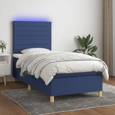 Box spring bed mattress and LED lights blue fabric 100x200 cm by , Beds and slatted bases - Ref: Foro24-3135499, Price: 347,4...
