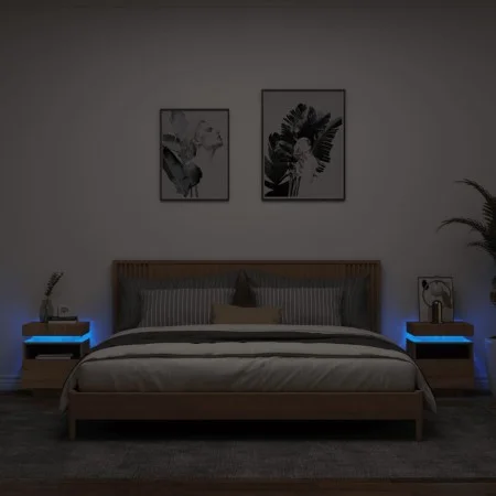 Mesitas de noche con luces LED 2 uds roble Sonoma 40x39x48,5 cm de , Mesitas de noche - Ref: Foro24-836789, Precio: 96,38 €, ...