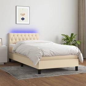 Cama box spring colchón y luces LED tela crema 90x200 cm