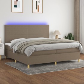 Cama box spring colchón y luces LED tela gris taup
