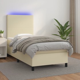 Cama box spring y colchón LED cuero sintético crema 80x200 cm