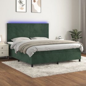 Cama box spring colchón y LED terciopelo verde oscuro 160x200cm