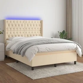 Box spring bed mattress and LED lights cream fabric 140x190 cm by , Beds and slatted bases - Ref: Foro24-3138554, Price: 530,...