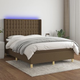 Cama box spring colchón luces LED tela marrón oscuro 140x190 cm