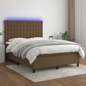 Box spring bed mattress LED lights dark brown fabric 140x200cm by , Beds and slatted bases - Ref: Foro24-3135200, Price: 493,...
