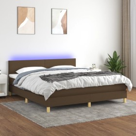 Cama box spring con colchón LED tela marrón oscuro 160x200 cm