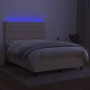 Cama box spring colchón y luces LED tela crema 140x190 cm