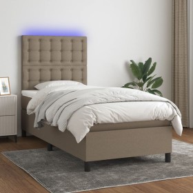 Cama box spring colchón y luces LED tela gris taupe 100x200 cm