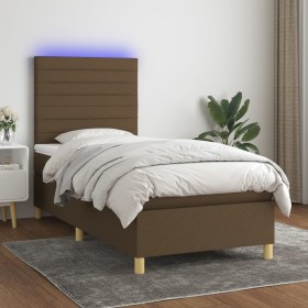 Cama box spring colchón y luces LED tela marrón oscuro 80x200cm