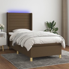 Cama box spring colchón y luces LED tela marrón oscuro 80x200cm