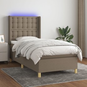 Cama box spring colchón y luces LED tela gris taupe 100x200 cm