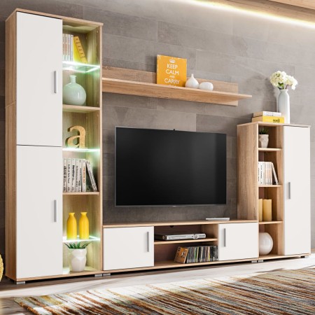 Mueble salón pared para TV con luces LED roble Sonoma y blanco de vidaXL, Muebles TV - Ref: Foro24-246030, Precio: 450,66 €, ...