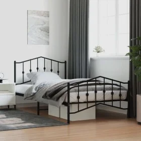 Bed frame with headboard and black metal footboard 107x203cm by , Beds and slatted bases - Ref: Foro24-373803, Price: 81,43 €...