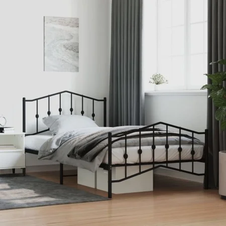 Bed frame with headboard and black metal footboard 107x203cm by , Beds and slatted bases - Ref: Foro24-373803, Price: 81,43 €...