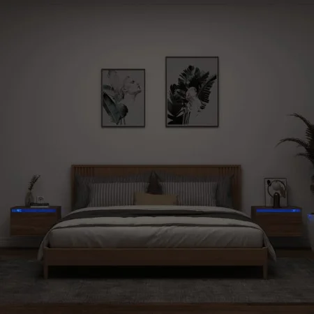 Mesitas de noche de pared con luces LED 2 unidades roble marrón de , Mesitas de noche - Ref: Foro24-836839, Precio: 70,48 €, ...