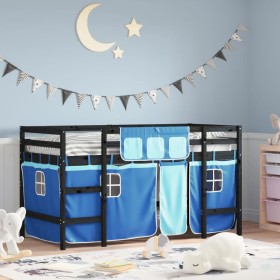 Cama alta para niños con cortinas madera pino azul 90x200 cm