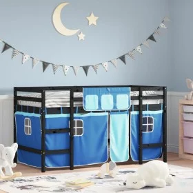 High bed for children with blue pine wood curtains 90x200 cm by , Beds and slatted bases - Ref: Foro24-3206971, Price: 194,19...