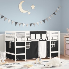 Cama alta niños con cortinas madera pino blanco negro 90x200 cm de , Camas y somieres - Ref: Foro24-3206967, Precio: 218,88 €...