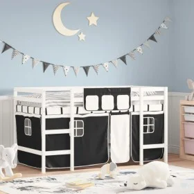Hochbett für Kinder mit Vorhängen aus schwarz-weißem Kiefernholz, 90 x 200 cm von , Betten und Lattenroste - Ref: Foro24-3206...
