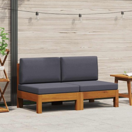 Sofá central 2 piezas cojines gris oscuro madera de acacia
