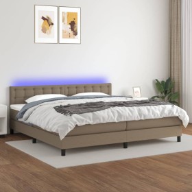 Cama box spring colchón y luces LED tela gris taupe 200x200 cm