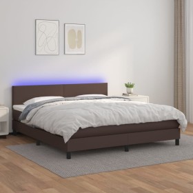 Cama box spring colchón y LED cuero sintético marrón 180x200 cm
