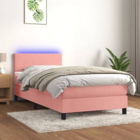 Cama box spring colchón y LED terciopelo rosa 90x200 cm