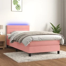 Box spring bed with mattress and LED pink velvet 90x200 cm by , Beds and slatted bases - Ref: Foro24-3134446, Price: 287,64 €...