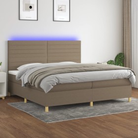 Cama box spring colchón y luces LED tela gris taupe 200x200 cm