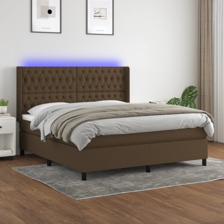 Cama box spring colchón luces LED tela marrón oscuro 180x200cm
