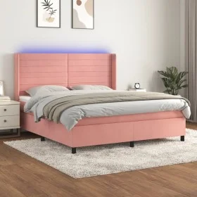Box spring bed with mattress and LED pink velvet 160x200 cm by , Beds and slatted bases - Ref: Foro24-3139636, Price: 526,66 ...
