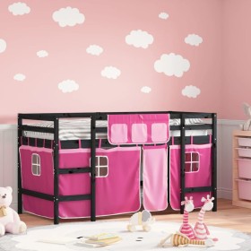 Cama alta para niños con cortinas madera pino rosa 90x200 cm