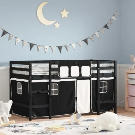 Cama alta niños con cortinas madera pino blanco negro 90x200 cm de , Camas y somieres - Ref: Foro24-3206970, Precio: 197,17 €...