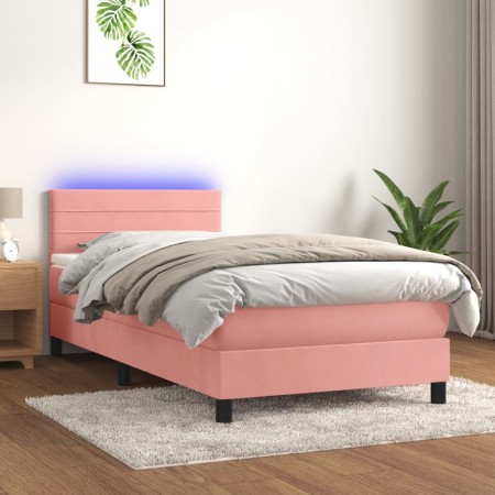 Box spring bed with mattress and LED pink velvet 90x190 cm by , Beds and slatted bases - Ref: Foro24-3134440, Price: 310,73 €...