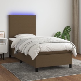 Cama box spring colchón y luces LED tela marrón oscuro 90x200cm