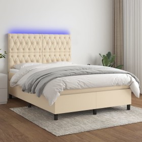 Cama box spring colchón y luces LED tela crema 140x200 cm