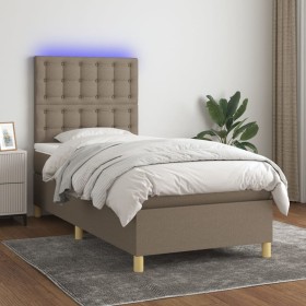 Cama box spring colchón y luces LED tela gris taupe 100x200 cm