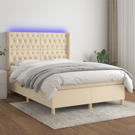 Cama box spring colchón y luces LED tela crema 140x200 cm