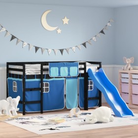 Cama alta para niños con cortinas madera pino azul 90x190 cm