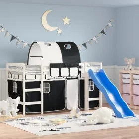 Kinderhochbett mit schwarz-weißem Kiefernholztunnel 90x200 cm von , Betten und Lattenroste - Ref: Foro24-3207048, Preis: 330,...