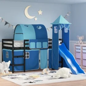 High bed for children with blue pine wood tower 90x200 cm by , Beds and slatted bases - Ref: Foro24-3207106, Price: 317,19 €,...