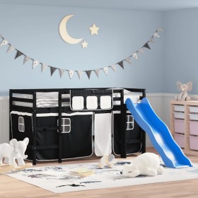 Cama alta niños con cortinas madera pino blanco negro 80x200 cm de , Camas y somieres - Ref: Foro24-3207015, Precio: 273,52 €...