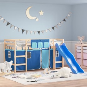 Cama alta para niños con cortinas madera pino azul 90x200 cm