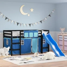 High bed for children with blue pine wood curtains 90x200 cm by , Beds and slatted bases - Ref: Foro24-3207025, Price: 276,76...