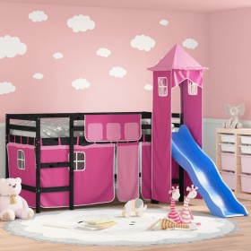 Cama alta para niños con torre madera pino rosa 80x200 cm